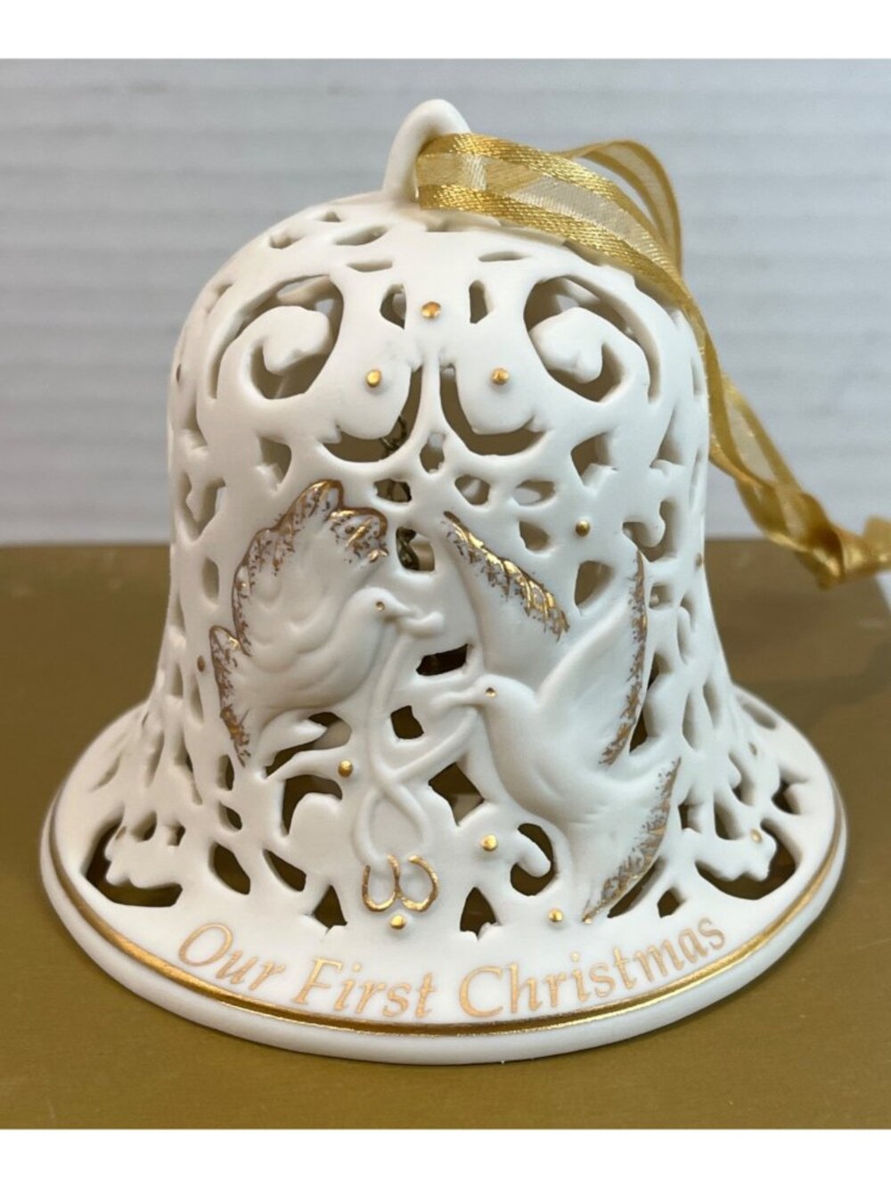 Wedgwood "Our First Christmas" Bell Ornament White with Gold Accents In Box